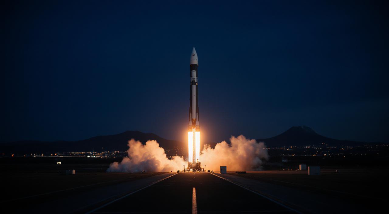 A commercial rocket standing on a high-tech launch pad under a twilight sky